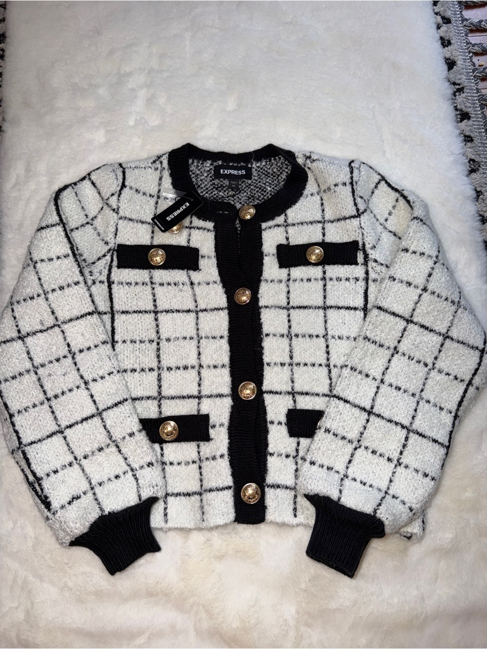 Express Black & White Windowpane Knit Cardigan with Gold Buttons
